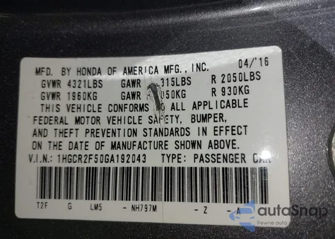 2016 Honda Accord Sport from USA, damaged, VIN 1HGCR2F50GA192043
